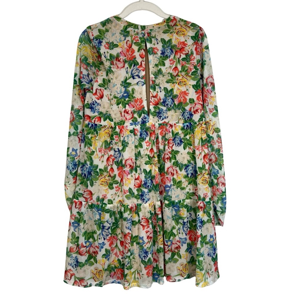 AFRM Floral Mesh Babydoll Mini Dress Cottagecore Tiered Long Sleeve Medium - Picture 3 of 16